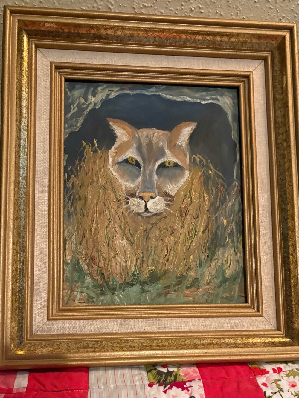Orginal Framed Golden Brown Cougar Portrait Oil Painting - Home Art